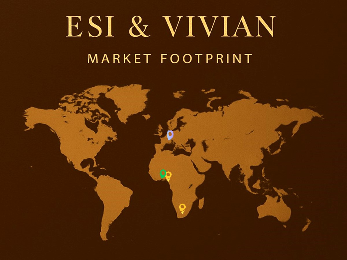 Esi & Vivian Global Market Footprint with locations in Ghana, Nigeria, South Africa, Paris, New York